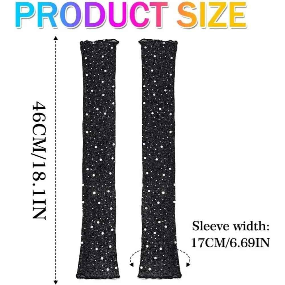 Women's Sparkly Rhinestone Black Long Sleeves Fingerless Elbow Length Gloves